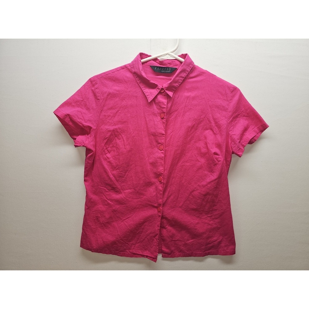 VTG 90s Express 9/10 Hot Pink Short Sleeve Button Down Blouse Barbiecore Y2K
